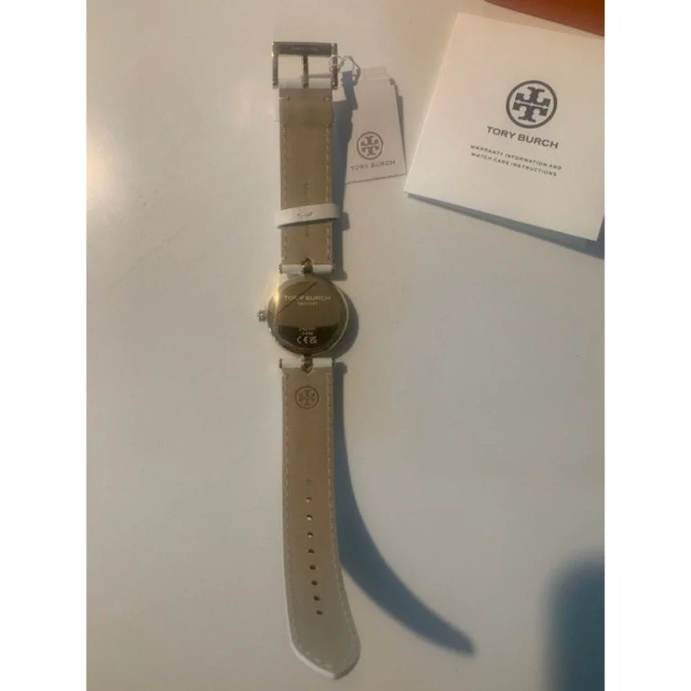 Tory Burch TBW2040 Gold Tone White Leather Band‎ Logo Dial Women's Watch NIB